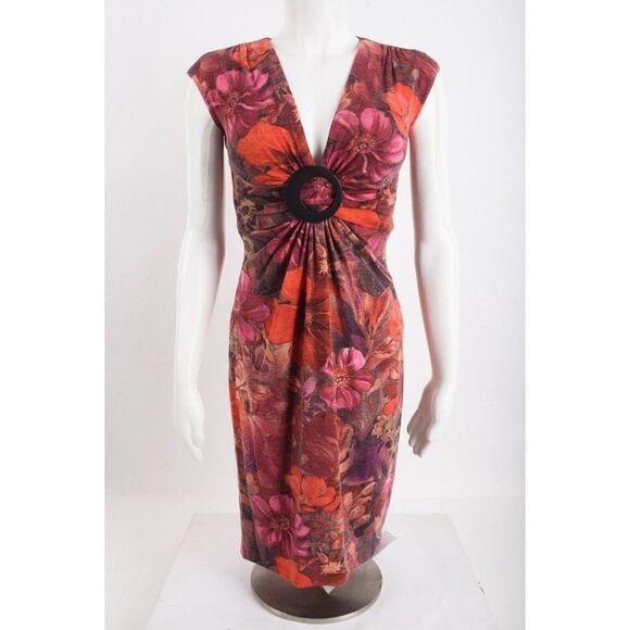 Cache Wool Blend Floral Sheath Dress Sz 2 Twist Front Buckle Red Pink V-Neck NWT - Picture 1 of 6